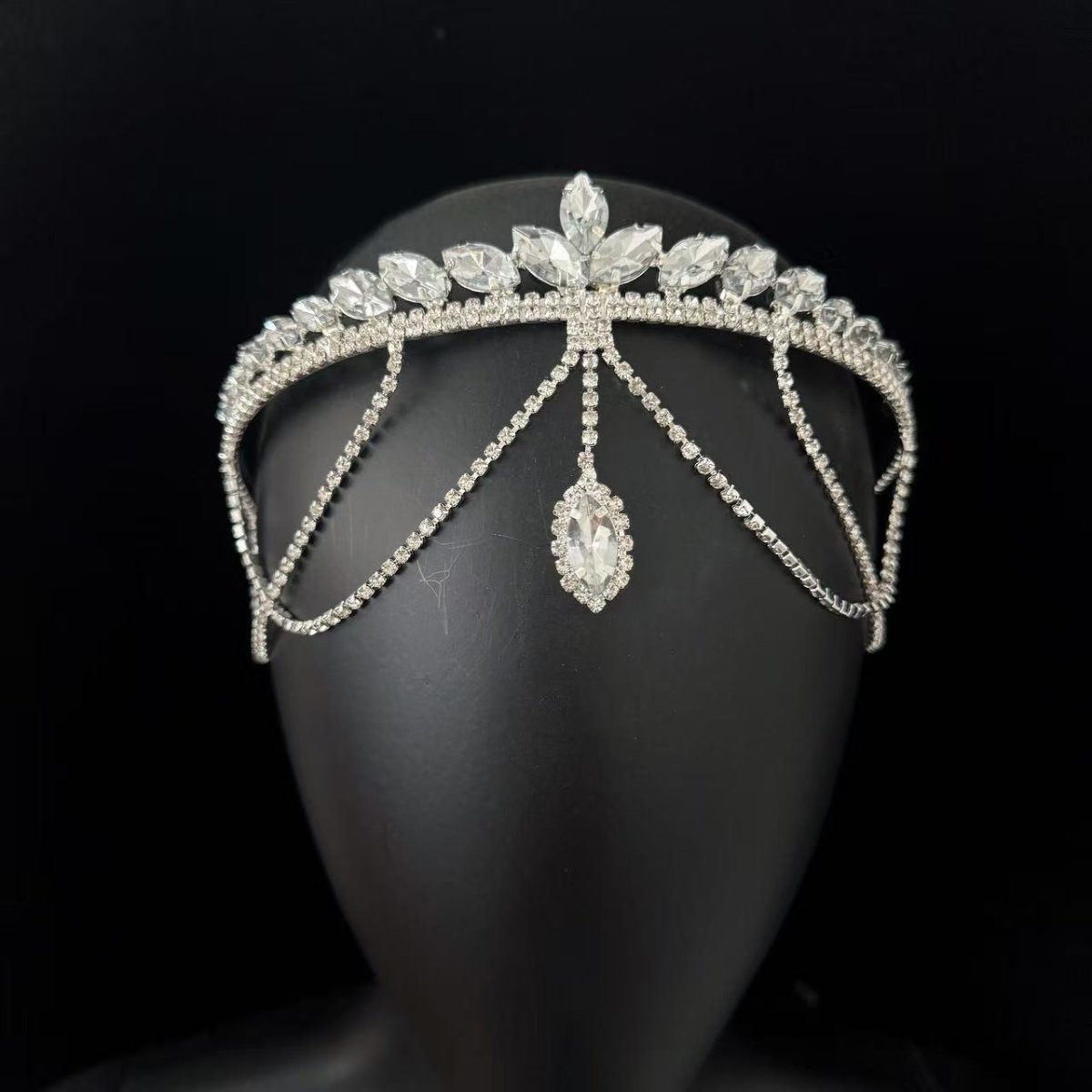 Crystal Tiara Headband with Cascading Forehead Chain (MAC330) - Mariam's Collection