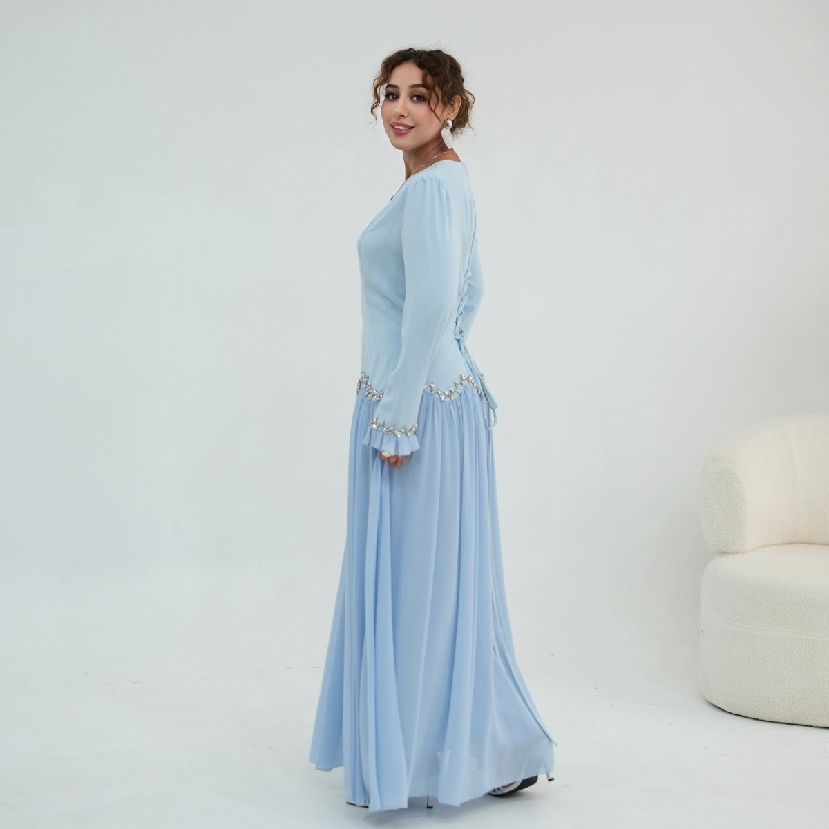 Full-length modest evening maxi dress styling