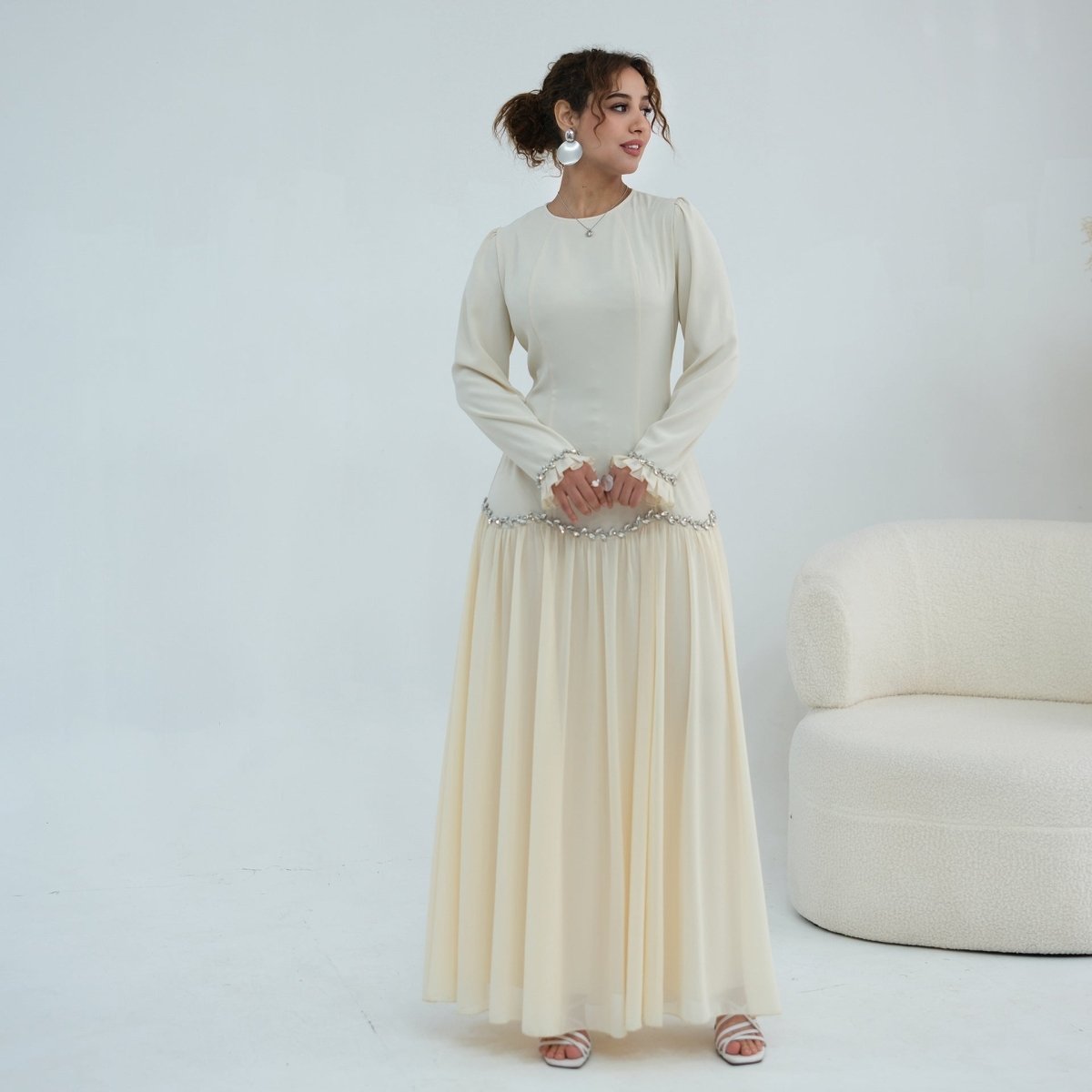 Crystal Ruffle Cuff Maxi Dress – Wedding Guest Maxi Dress
