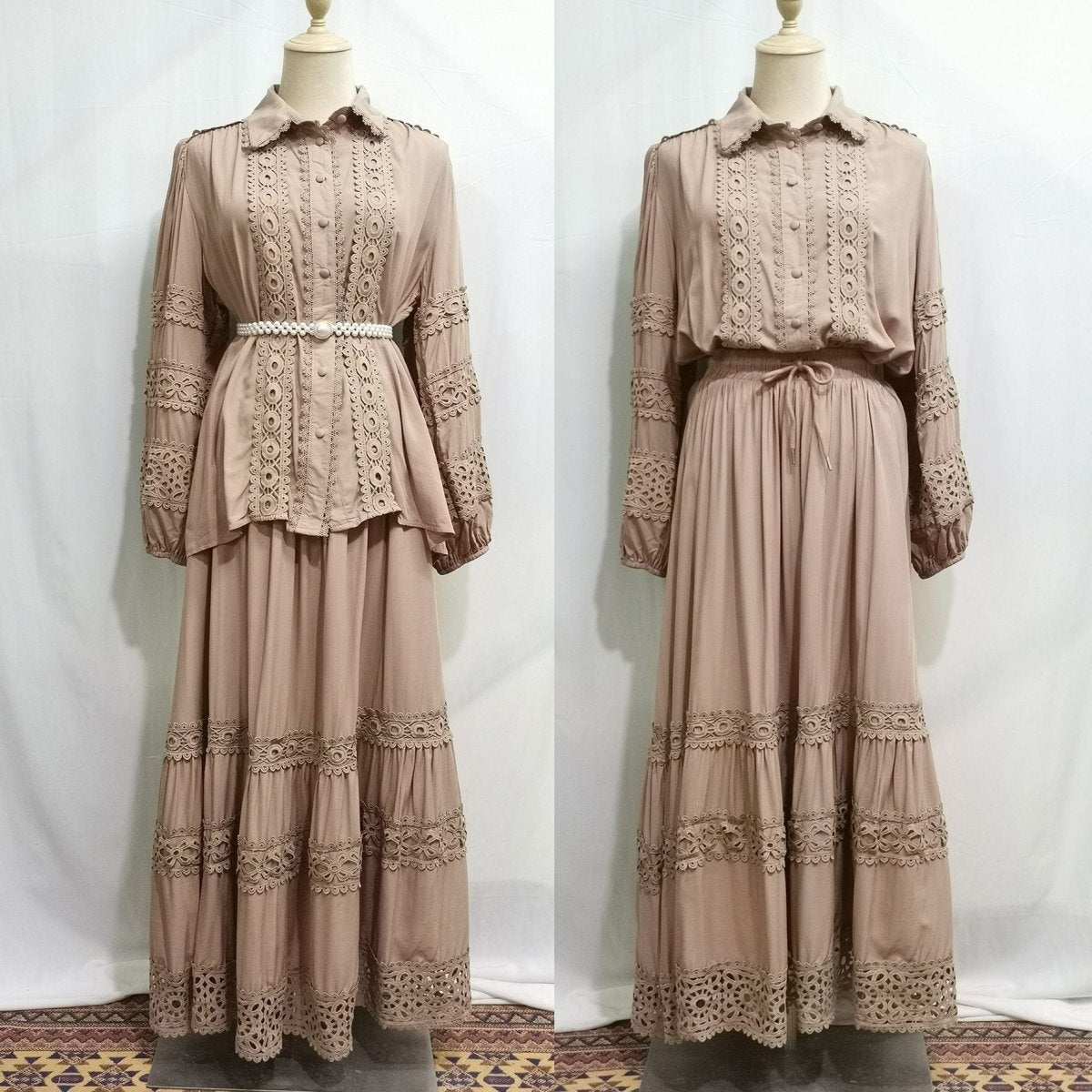 Cutwork lace blouse with elegant embroidery and matched tiered skirt
