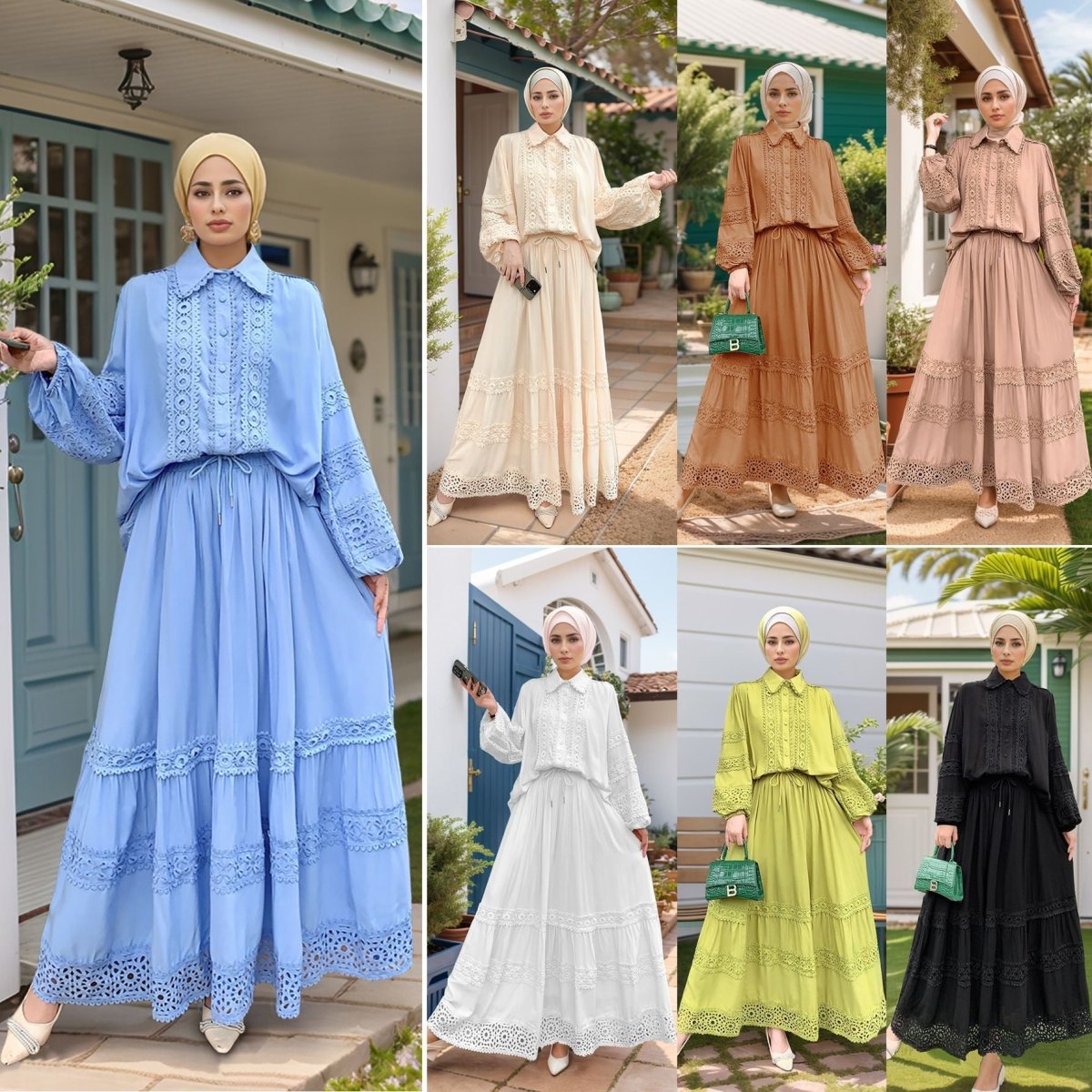 Cutwork Lace Blouse & Tiered Maxi Skirt Set — Victorian Inspired Modest Set