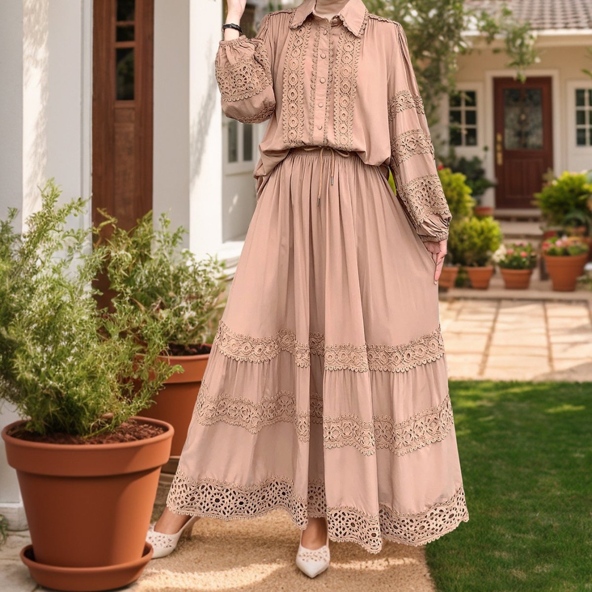 Victorian inspired modest two-piece with cutwork lace and tiered skirt