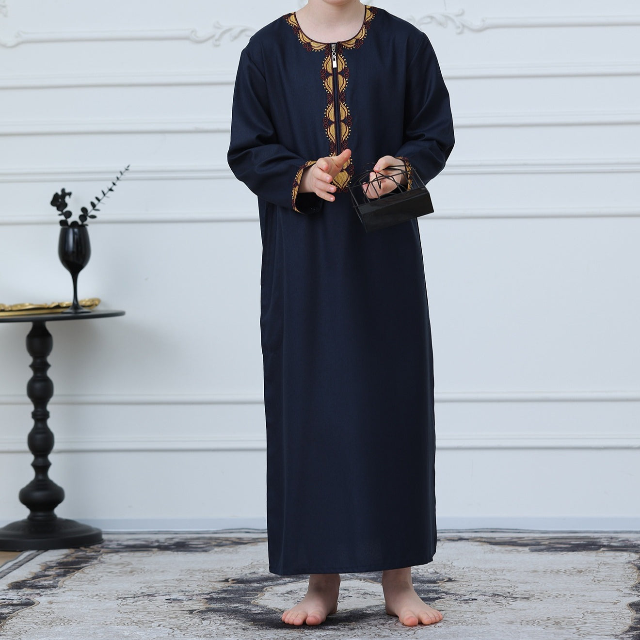 Boys Embroidered Thobe with Gold Trim(MKB017)