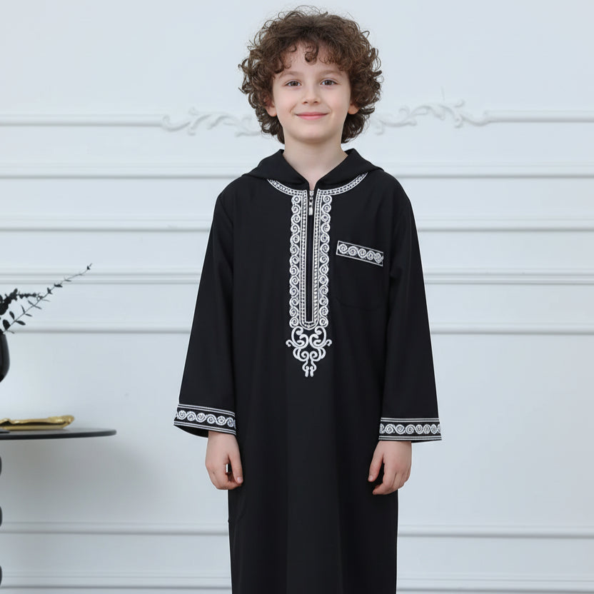 Boys Embroidered Hooded Thobe with Pockets(MKB010)