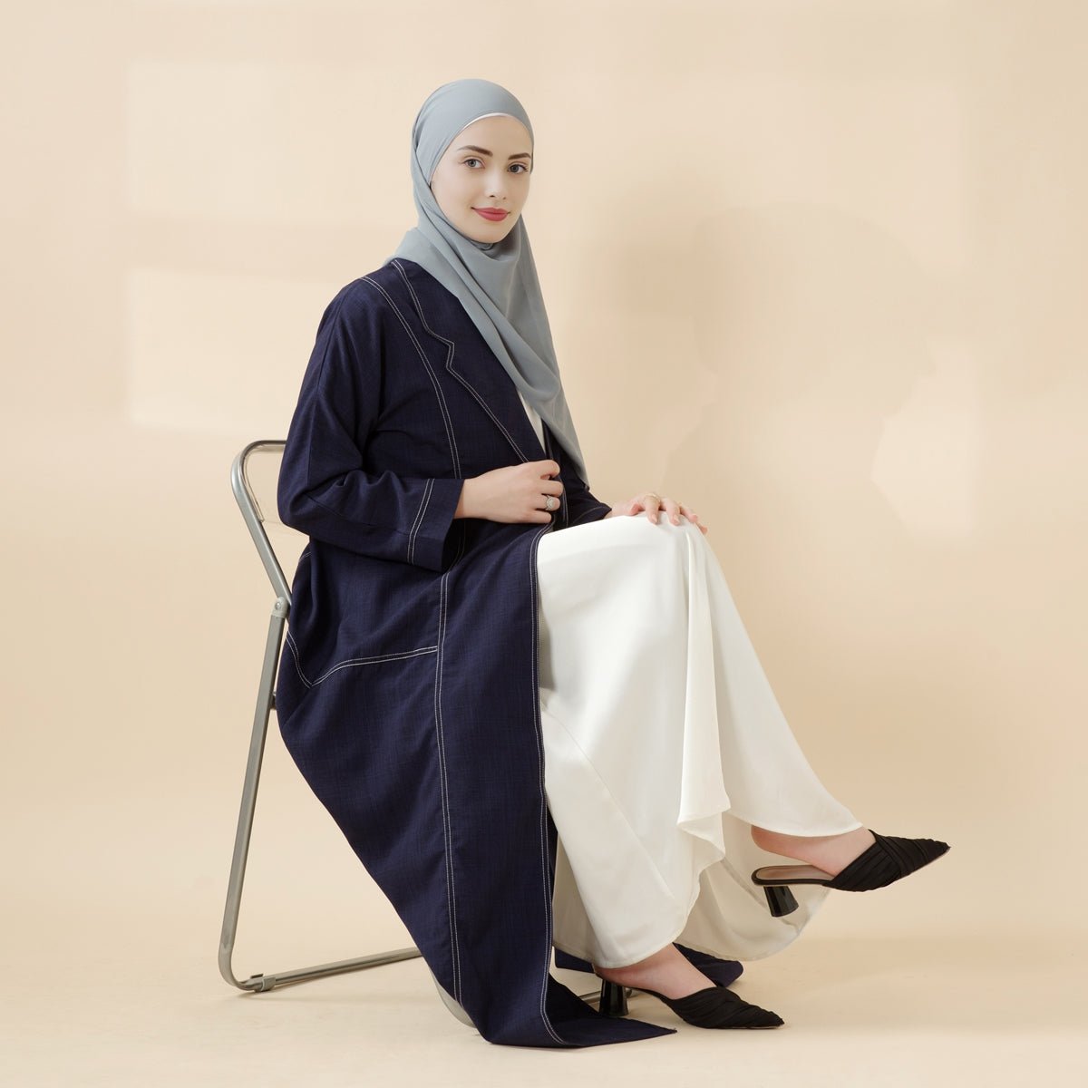 Denim Blue Contrast Stitching Minimalist Trench Coat Thin Open Abaya (MOA121) - Mariam's Collection