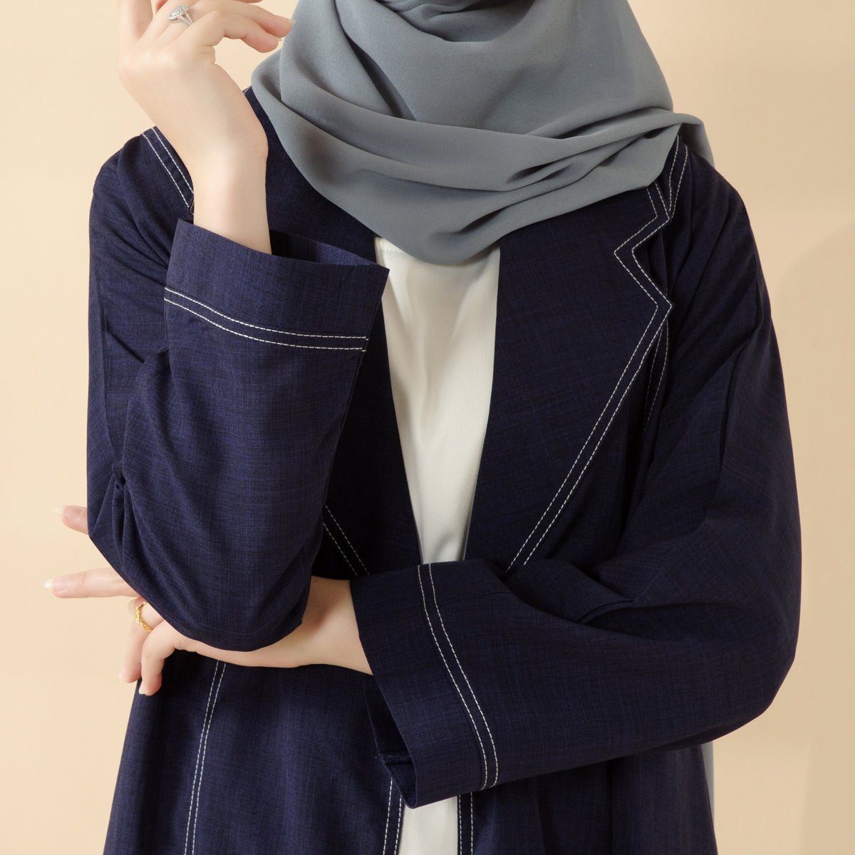 Denim Blue Contrast Stitching Minimalist Trench Coat Thin Open Abaya (MOA121) - Mariam's Collection