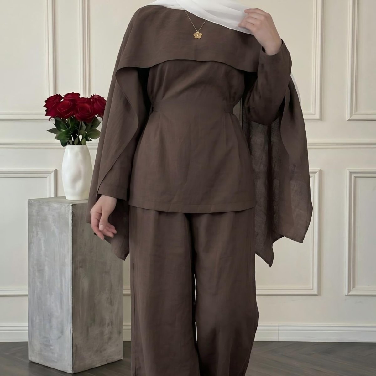 Detachable Shawl Long-Sleeve Top & Wide-Leg Trousers Three-Piece Co-ord Set(MS487) - Mariam's Collection
