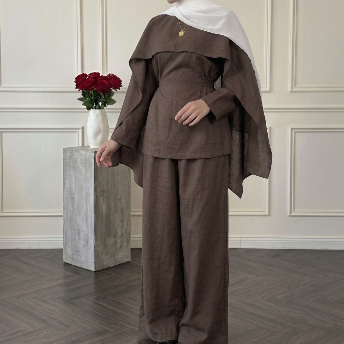 Detachable Shawl Long-Sleeve Top & Wide-Leg Trousers Three-Piece Co-ord Set(MS487) - Mariam's Collection