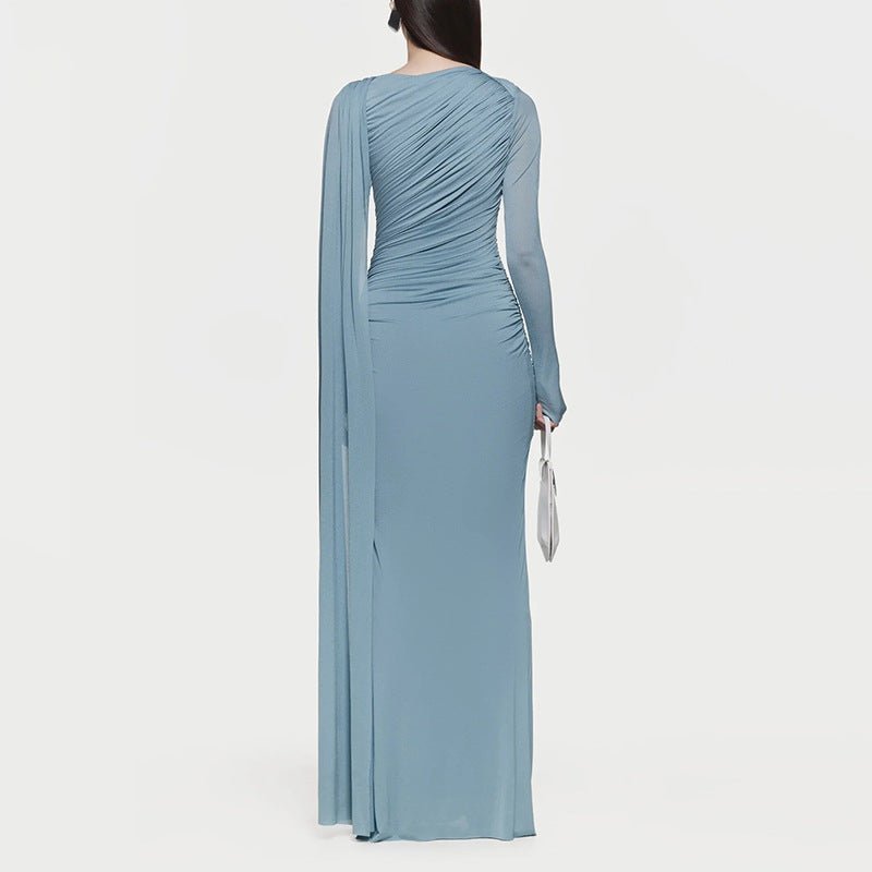 Diagonal Ruched Cape Gown | Asymmetric Draped Long Sleeve Maxi Dress(MS222) - Mariam's Collection