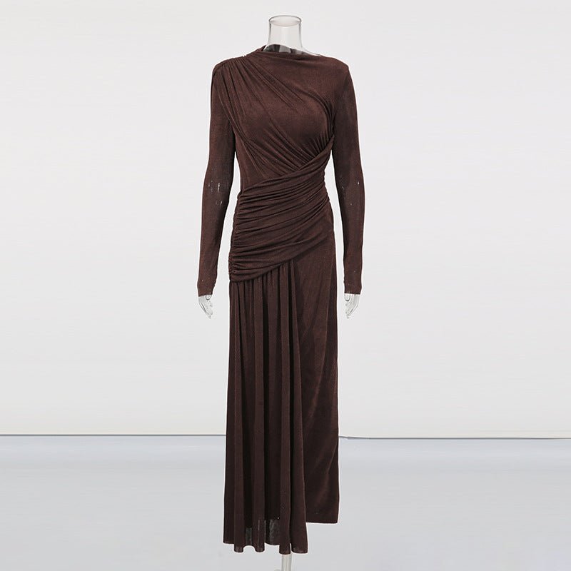 Full-length silhouette of ribbed knit party dress with subtle sheen fabric