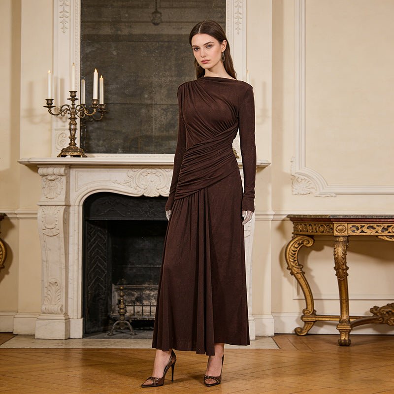 Diagonal Ruched Maxi Dress – Ribbed Knit Party Dress