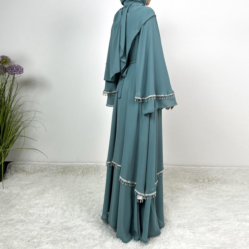 Diamond Beaded Fringe Flare Sleeve Chiffon Maxi Abaya Set. (MOA148) - Mariam's Collection