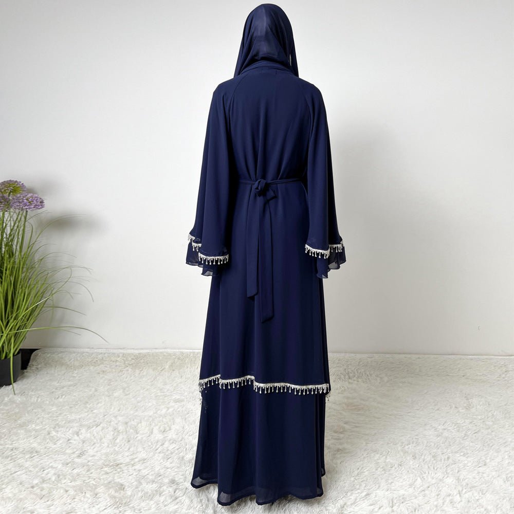 Diamond Beaded Fringe Flare Sleeve Chiffon Maxi Abaya Set. (MOA148) - Mariam's Collection