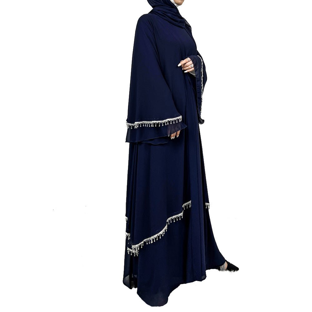 Diamond Beaded Fringe Flare Sleeve Chiffon Maxi Abaya Set. (MOA148) - Mariam's Collection