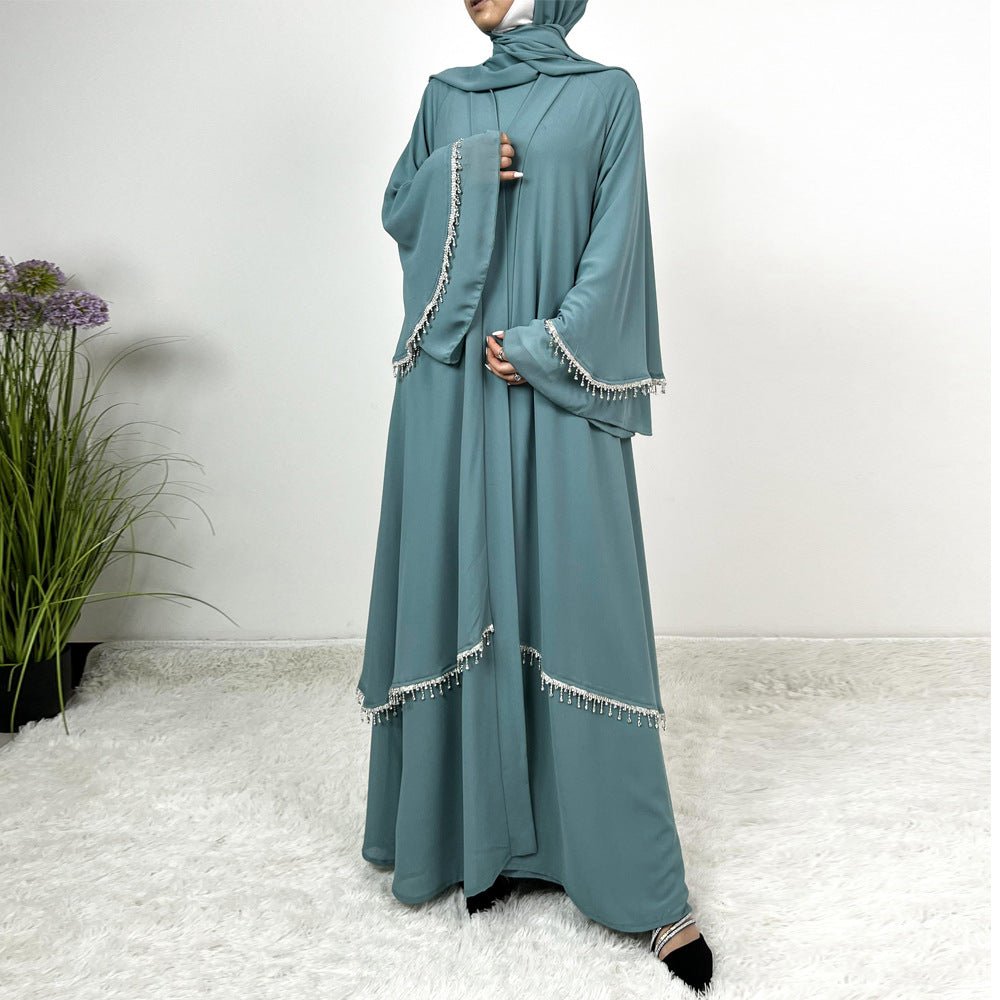 Diamond Beaded Fringe Flare Sleeve Chiffon Maxi Abaya Set. (MOA148) - Mariam's Collection