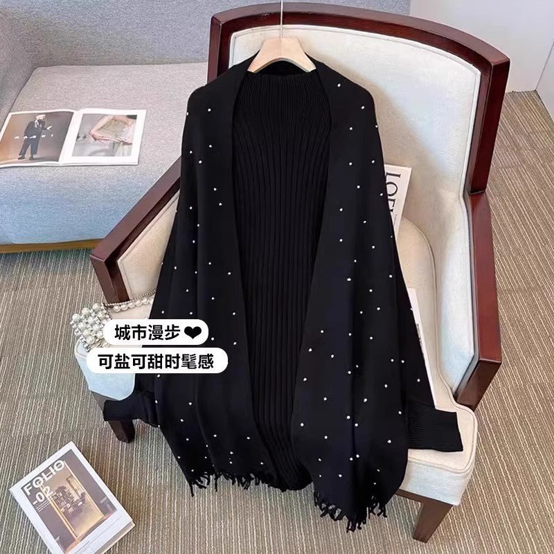 Diamond Embellished Cape Cardigan | Fringe Trim Knit Shawl Sweater(MS211) - Mariam's Collection