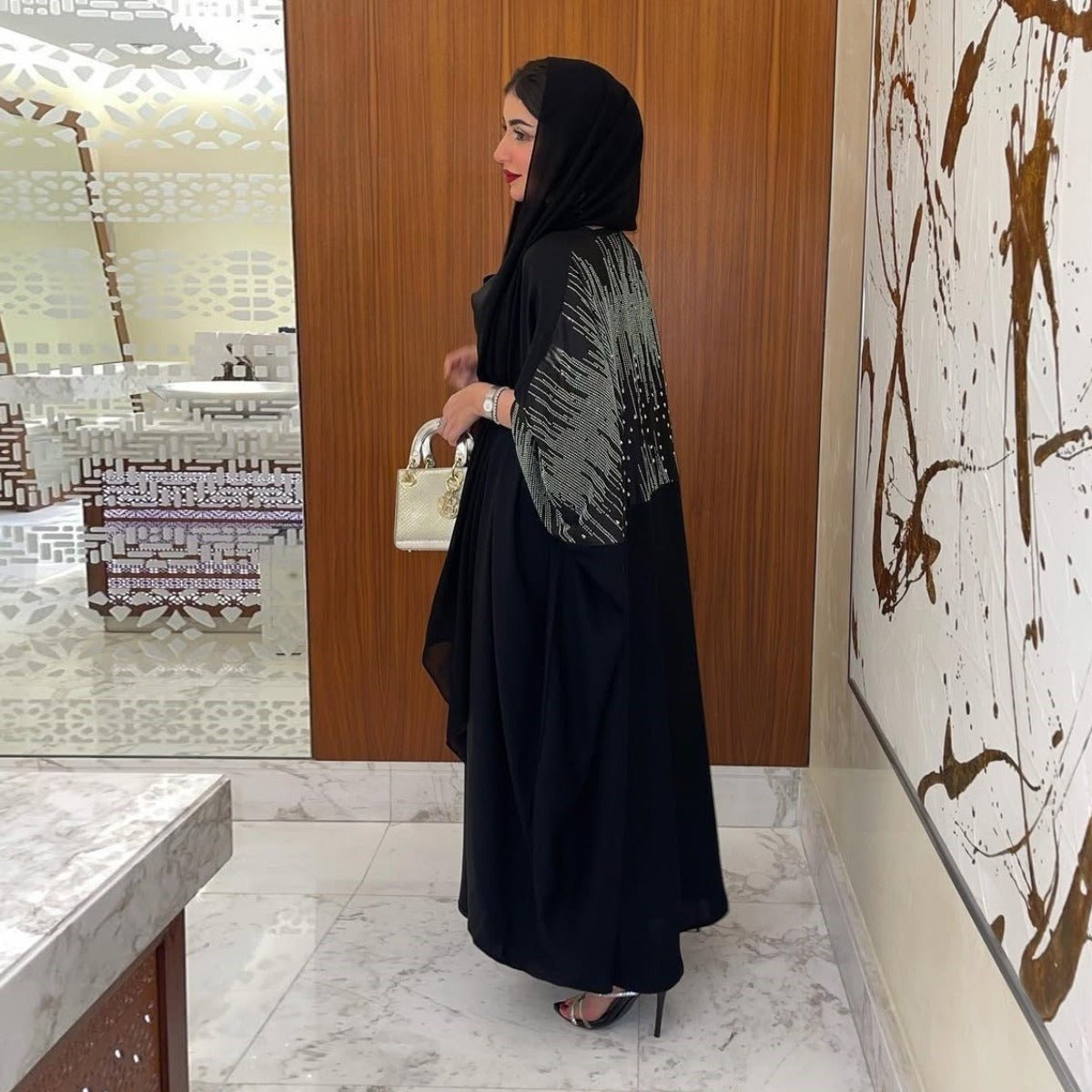 Diamond Embellished Open Front Cardigan Robe - Luxury Loose Fit Cover Up with Crystal Details(MOA213) - Mariam's Collection