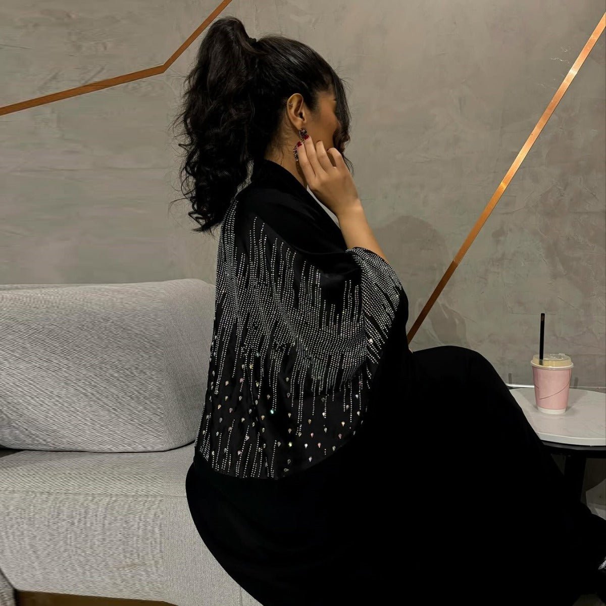 Diamond Embellished Open Front Cardigan Robe - Luxury Loose Fit Cover Up with Crystal Details(MOA213) - Mariam's Collection