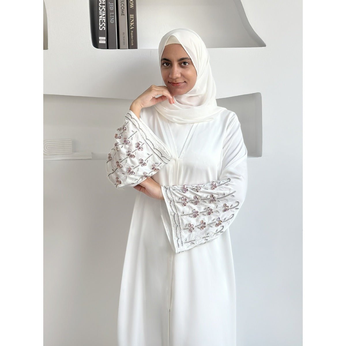 Diamond Glow Abaya Collection | Luxury Modest Fashion White & Blush Pink Embroidered Robes with Floral Sleeves(MOA205) - Mariam's Collection