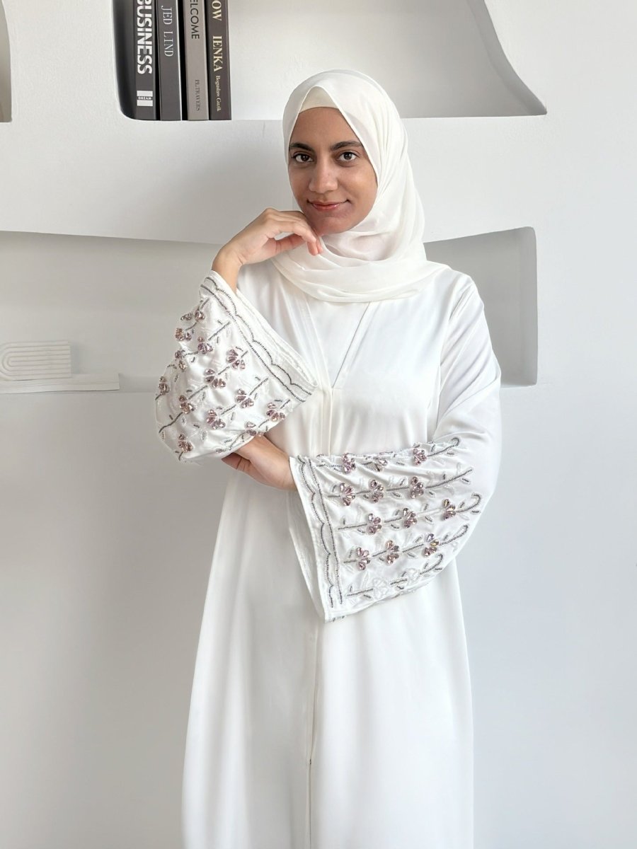 Diamond Glow Abaya Collection | Luxury Modest Fashion White & Blush Pink Embroidered Robes with Floral Sleeves(MOA205) - Mariam's Collection
