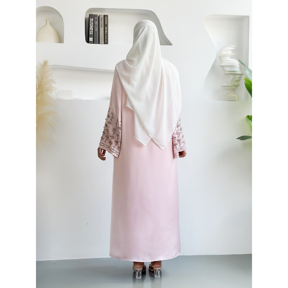 Diamond Glow Abaya Collection | Luxury Modest Fashion White & Blush Pink Embroidered Robes with Floral Sleeves(MOA205) - Mariam's Collection