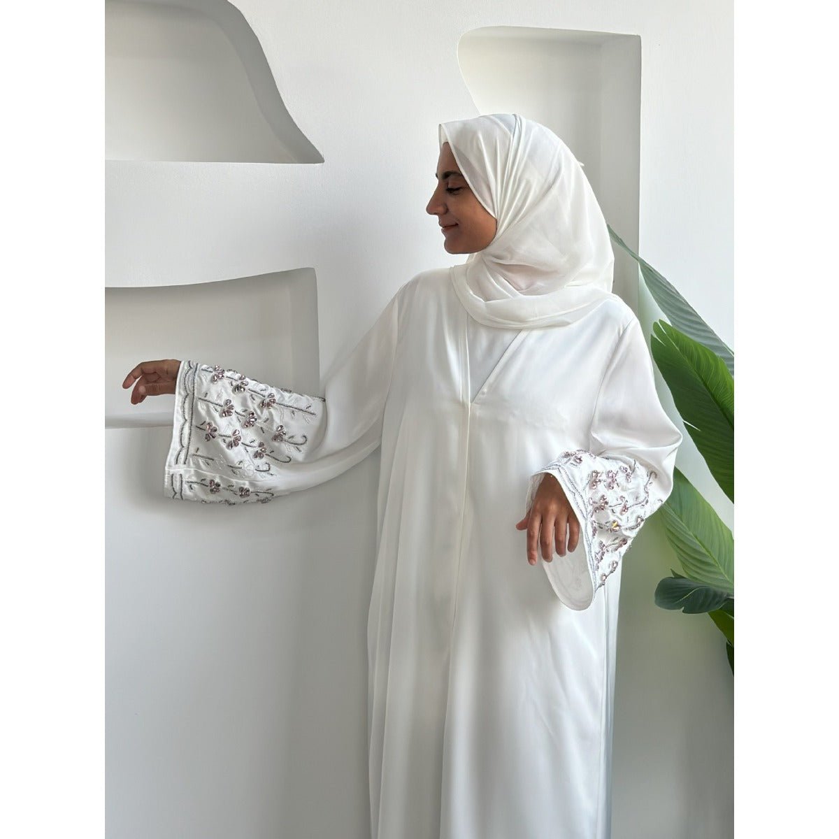 Diamond Glow Abaya Collection | Luxury Modest Fashion White & Blush Pink Embroidered Robes with Floral Sleeves(MOA205) - Mariam's Collection
