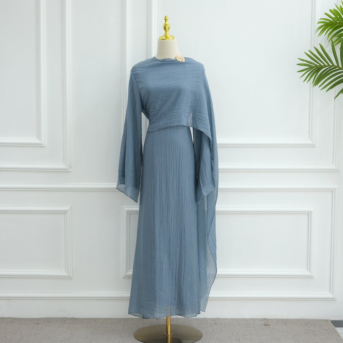 Double - Layer Abaya with Attached Cape | Textured Maxi Dress with Decorative Brooch(MA334) - Mariam's Collection