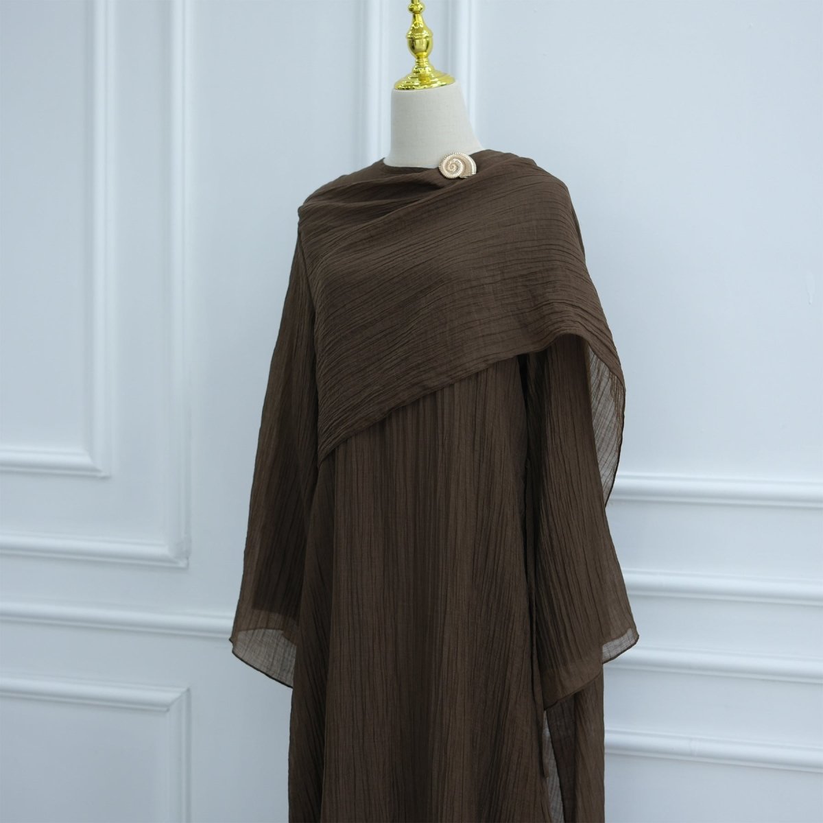 Double - Layer Abaya with Attached Cape | Textured Maxi Dress with Decorative Brooch(MA334) - Mariam's Collection