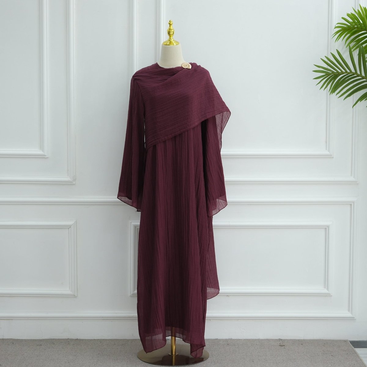 Double - Layer Abaya with Attached Cape | Textured Maxi Dress with Decorative Brooch(MA334) - Mariam's Collection