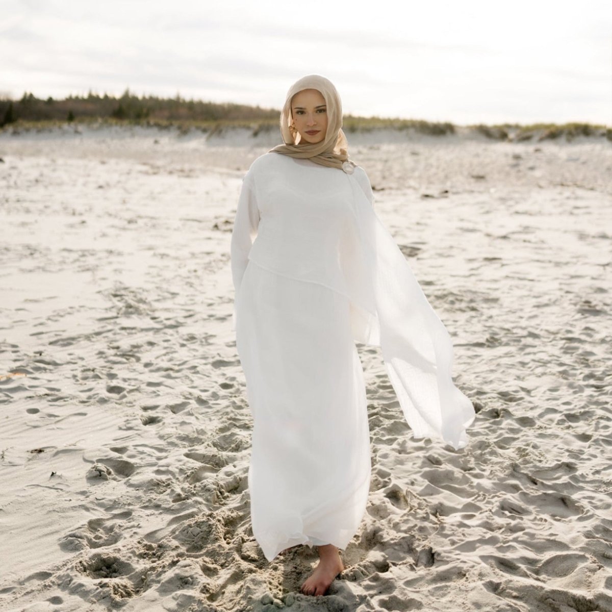 Double - Layer Abaya with Attached Cape | Textured Maxi Dress with Decorative Brooch(MA334) - Mariam's Collection