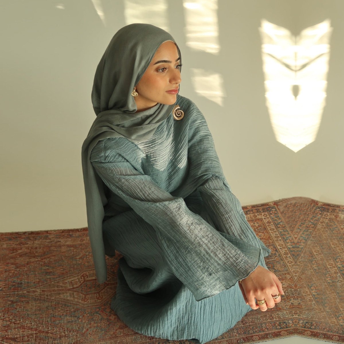 Double - Layer Abaya with Attached Cape | Textured Maxi Dress with Decorative Brooch(MA334) - Mariam's Collection