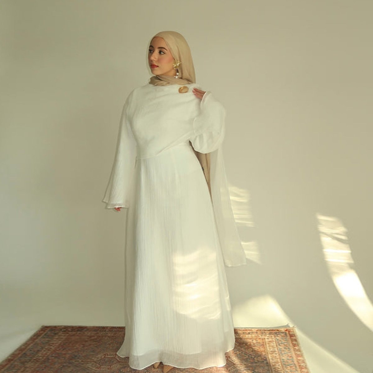 Double - Layer Abaya with Attached Cape | Textured Maxi Dress with Decorative Brooch(MA334) - Mariam's Collection