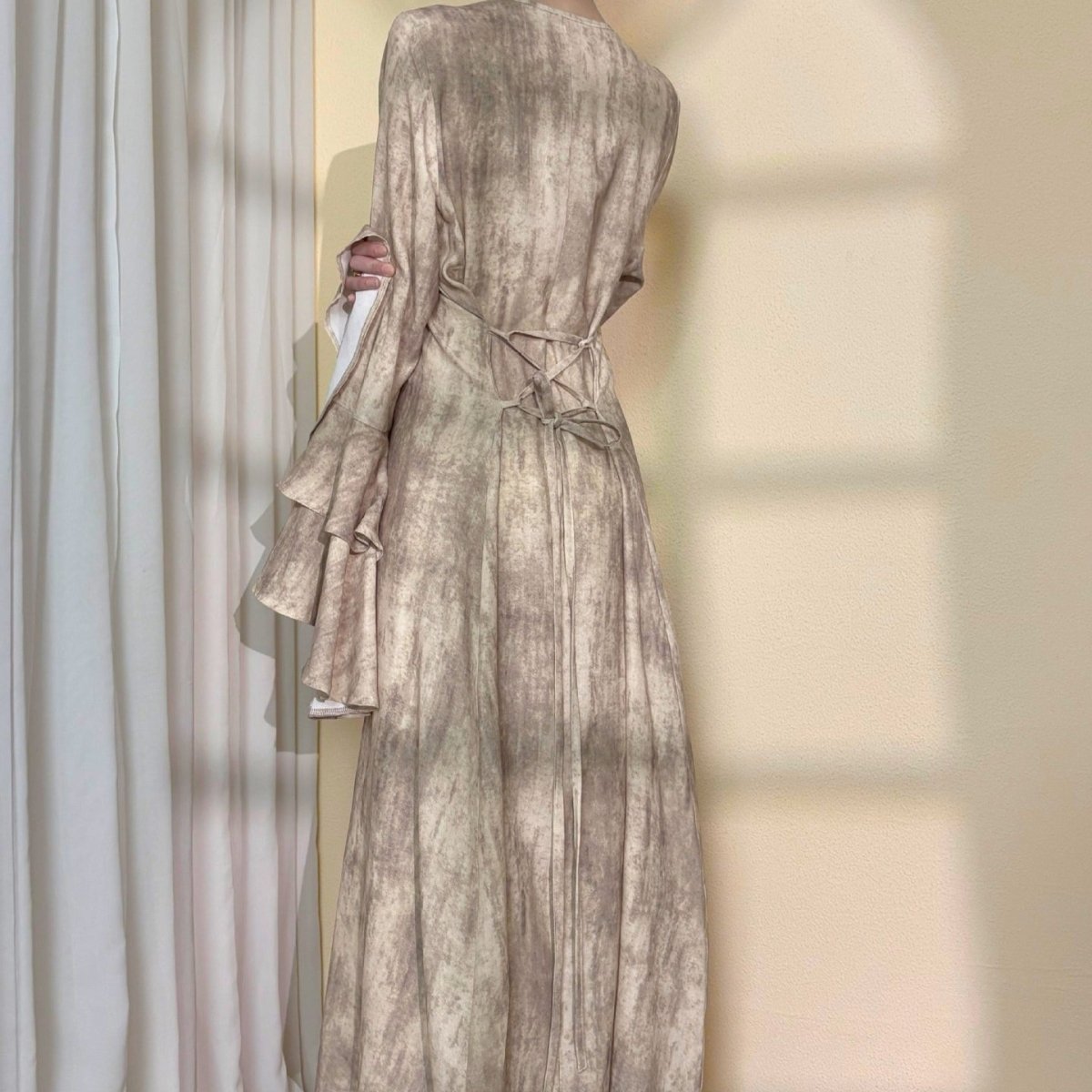 Double - Layer Bell Sleeve Abaya | Back Lace - Up Tie - Dye Maxi Dress(MA353) - Mariam's Collection