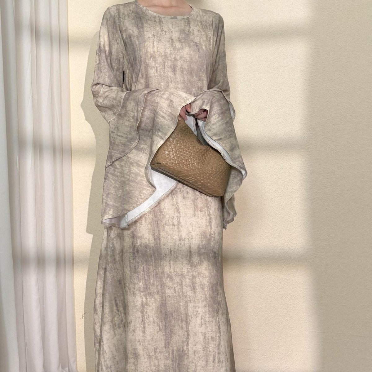 Double - Layer Bell Sleeve Abaya | Back Lace - Up Tie - Dye Maxi Dress(MA353) - Mariam's Collection