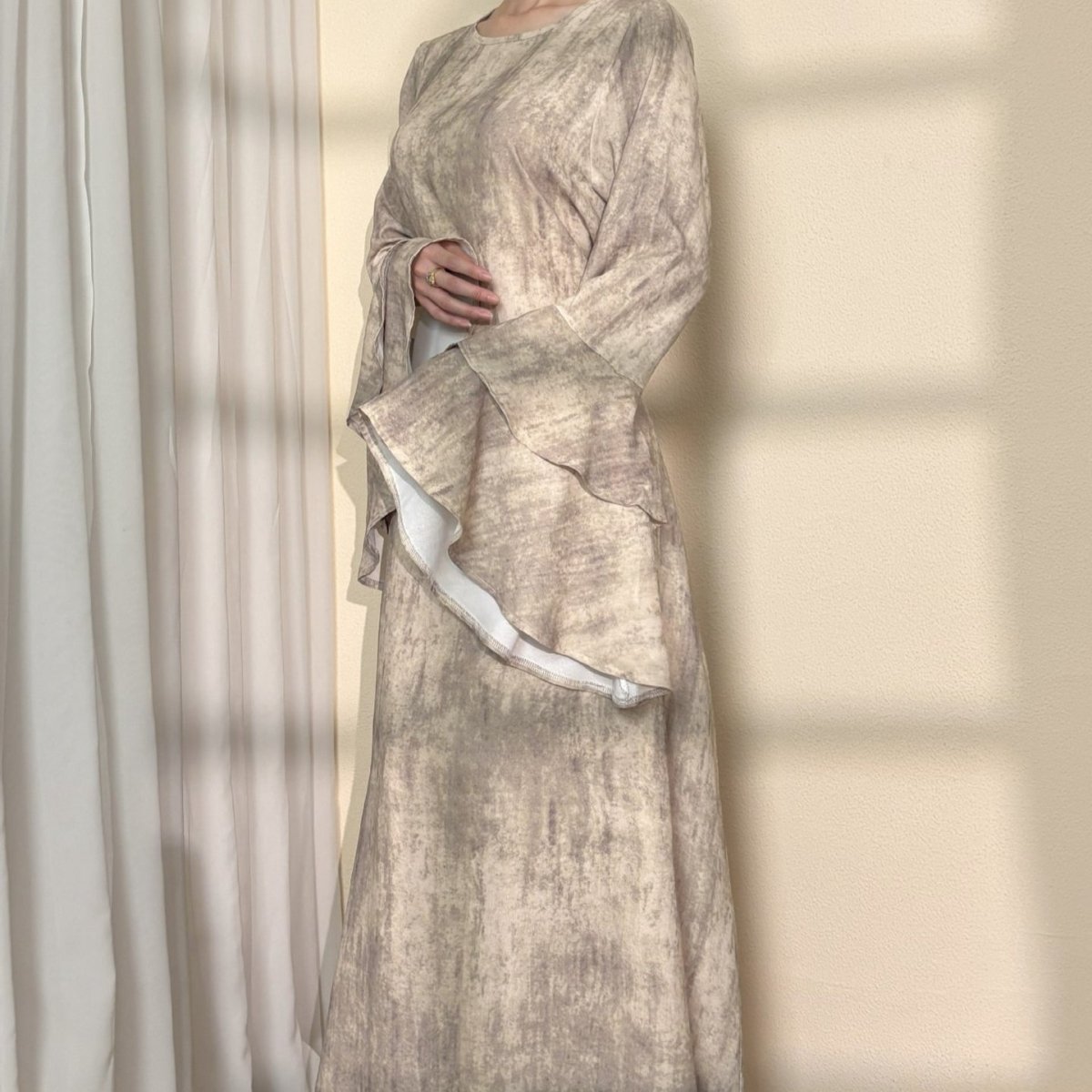 Double - Layer Bell Sleeve Abaya | Back Lace - Up Tie - Dye Maxi Dress(MA353) - Mariam's Collection