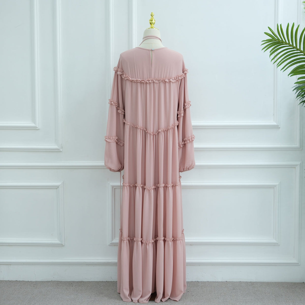 Round neckline and bodice ruffle detail on double-layer modest dress