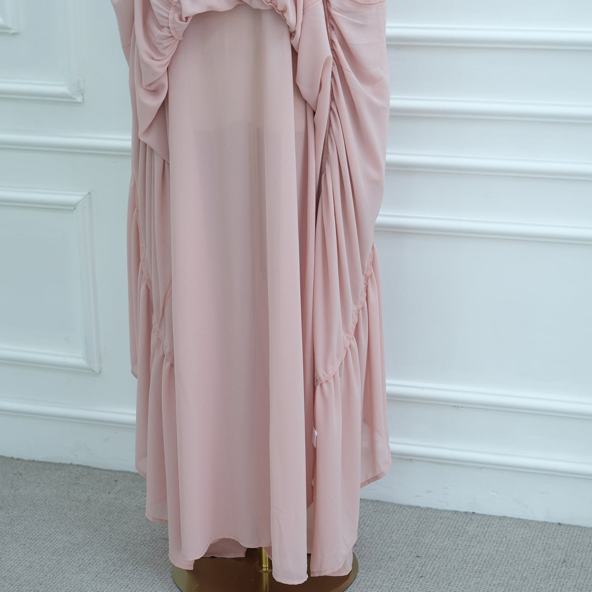 Full back view of modest ruffle maxi dress with keyhole closure