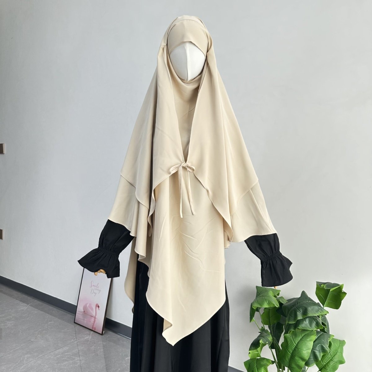 Overhead design of khimar with integrated inner cap for secure coverage