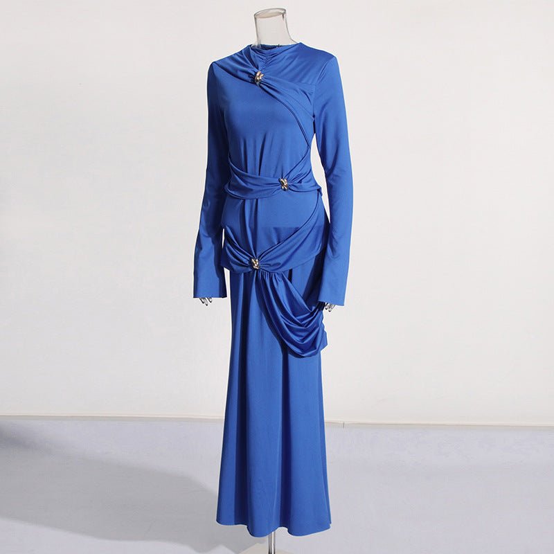 Back view of royal blue jeweled draped maxi abaya dress