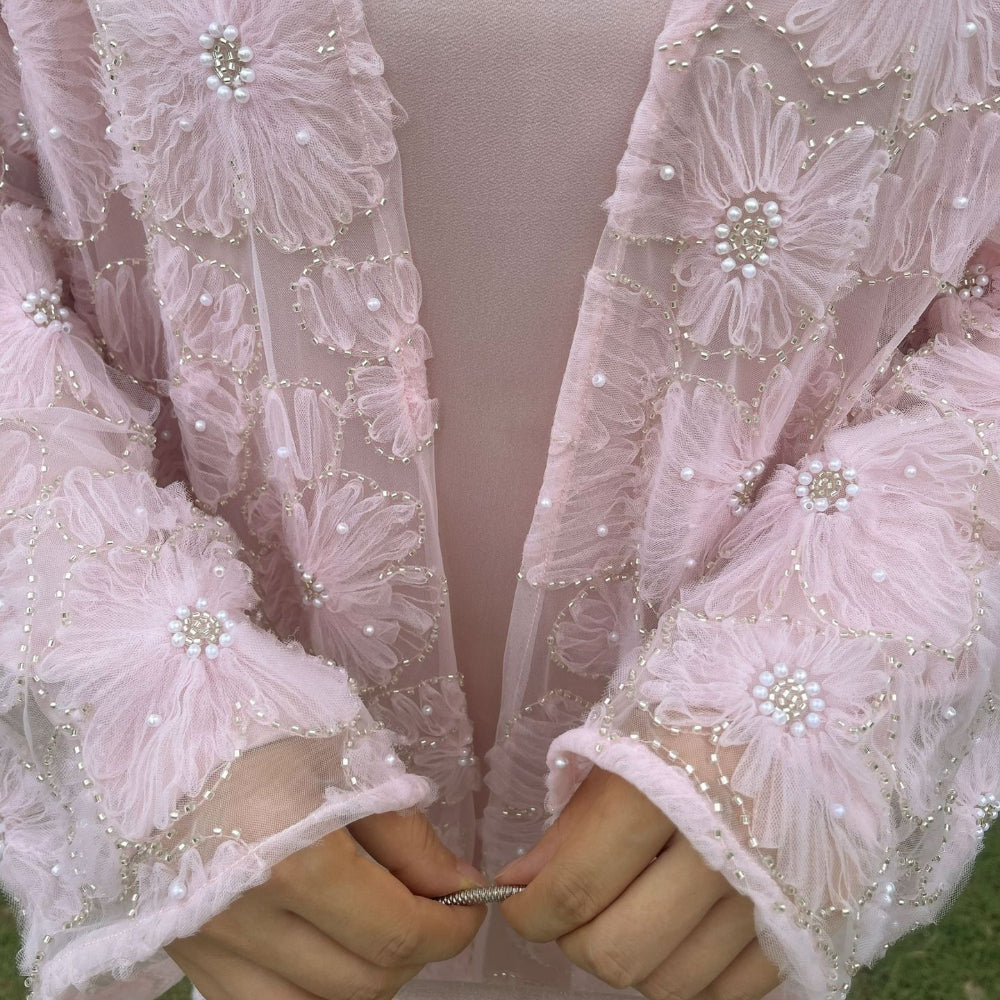 Mesh Flower Bead Open Abaya and Satin Interior Dress 2-Piece Set | Elegant Muslim Wedding Guest Outfit(MOA222)