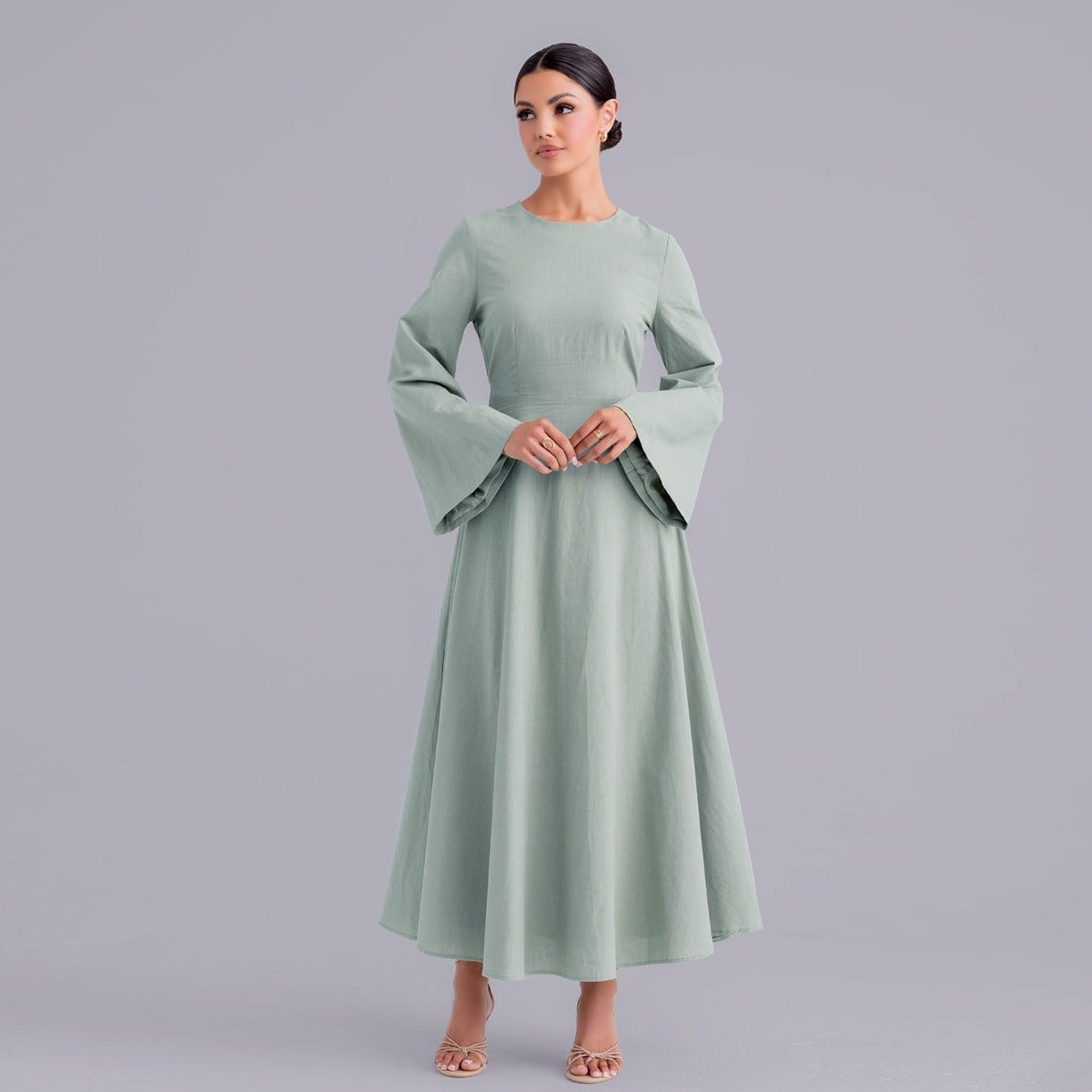 Eco - Friendly Hemp Bamboo Flared Sleeve Dress - Modest Solid Color Maxi(MA286) - Mariam's Collection