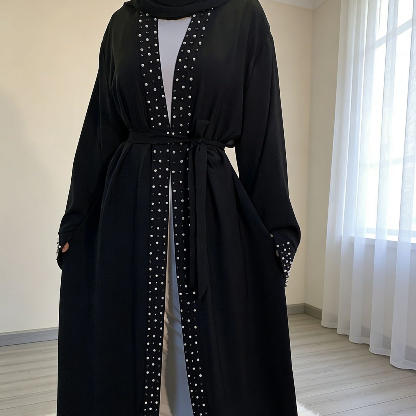 Metal Stud Trim Open-Front Abaya(MOA274)