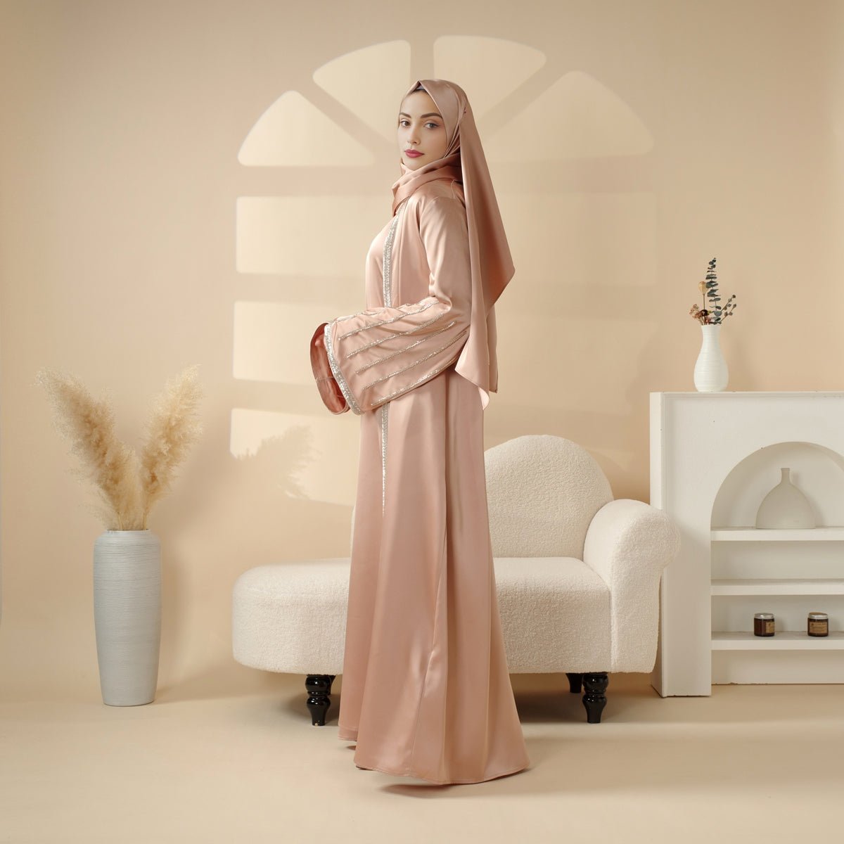 Eid Abaya For Eid Celebrations: Champagne Gold Bead Embroidery Two - Piece Abaya (MOA113) - Mariam's Collection
