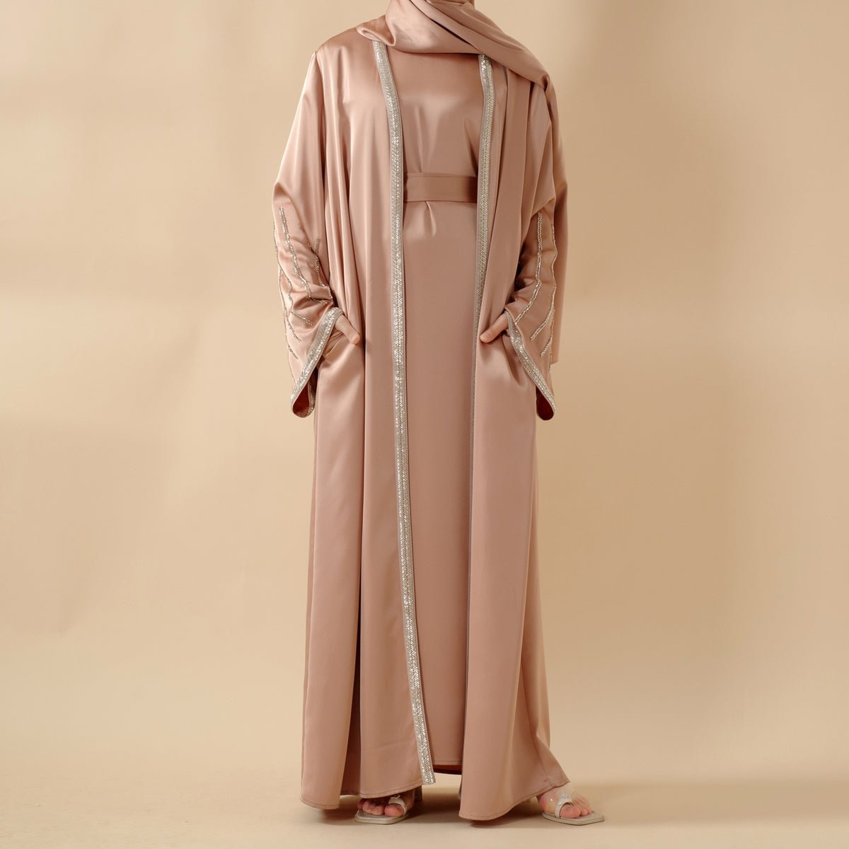 Eid Abaya For Eid Celebrations: Champagne Gold Bead Embroidery Two - Piece Abaya (MOA113) - Mariam's Collection