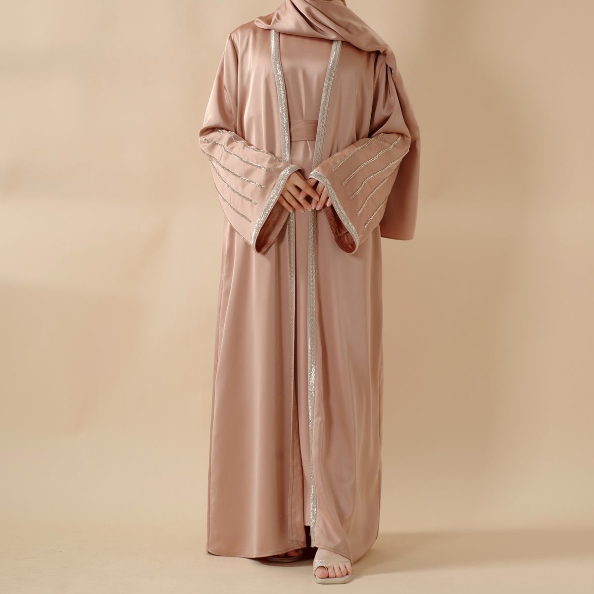 Eid Abaya For Eid Celebrations: Champagne Gold Bead Embroidery Two - Piece Abaya (MOA113) - Mariam's Collection