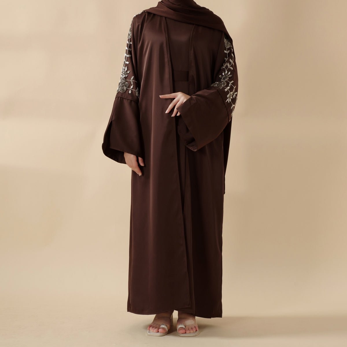 Eid Abaya - Perfect for Eid Celebrations Elegant Dark Brown Three - Piece Bead Embroidery (MOA112) - Mariam's Collection