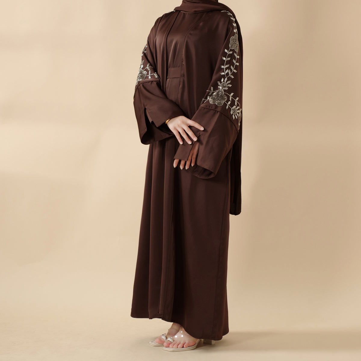 Eid Abaya - Perfect for Eid Celebrations Elegant Dark Brown Three - Piece Bead Embroidery (MOA112) - Mariam's Collection