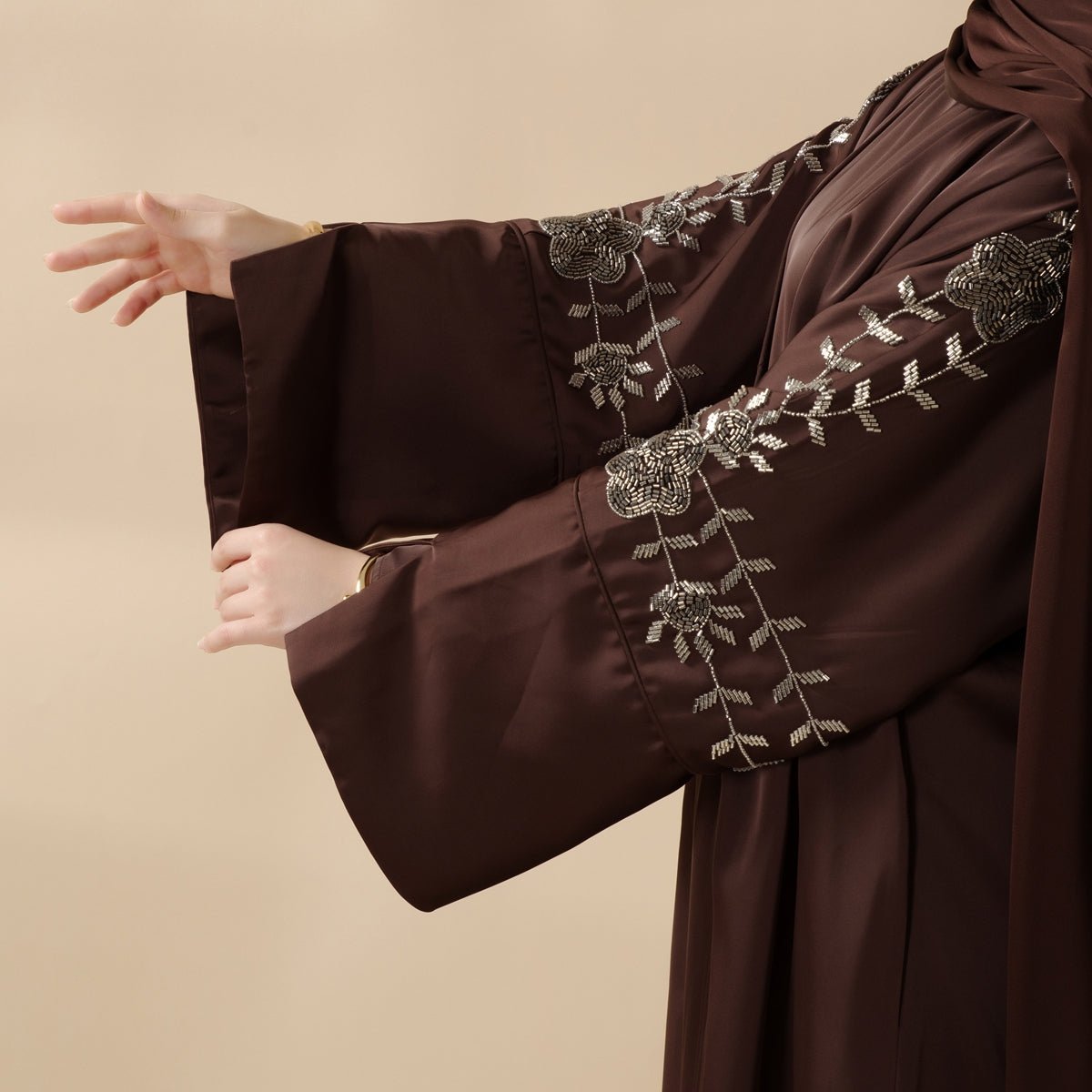 Eid Abaya - Perfect for Eid Celebrations Elegant Dark Brown Three - Piece Bead Embroidery (MOA112) - Mariam's Collection