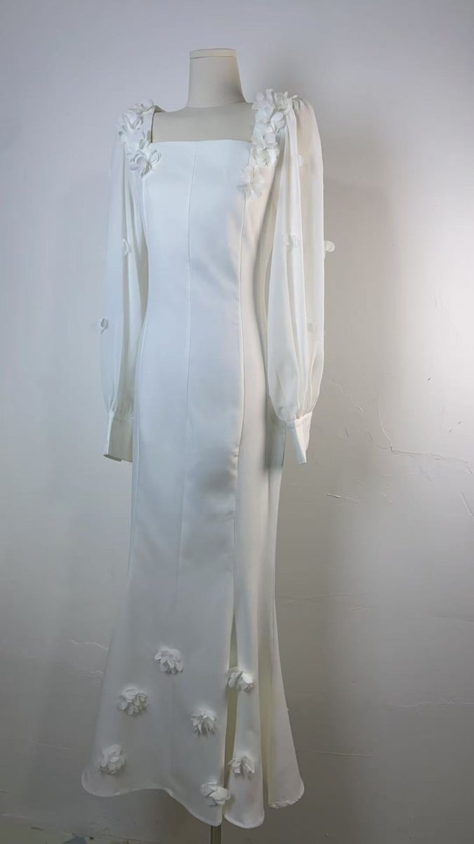 Elegant 3D Cherry Blossom Bubble Sleeve Modest Dress | Square Neckline Fishtail Maxi Dress with Back Lacing(MA296) - Mariam's Collection