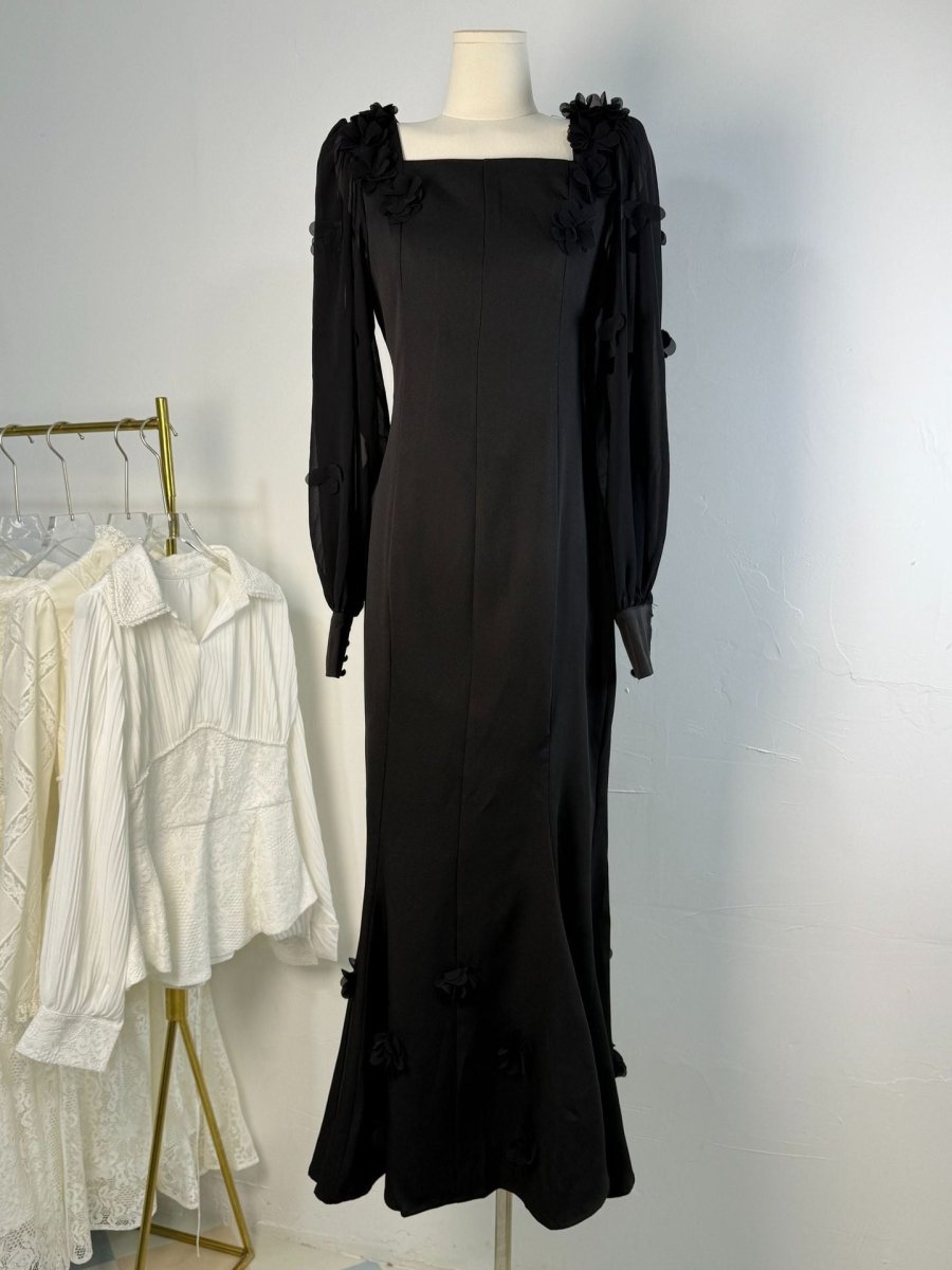 Elegant 3D Cherry Blossom Bubble Sleeve Modest Dress | Square Neckline Fishtail Maxi Dress with Back Lacing(MA296) - Mariam's Collection